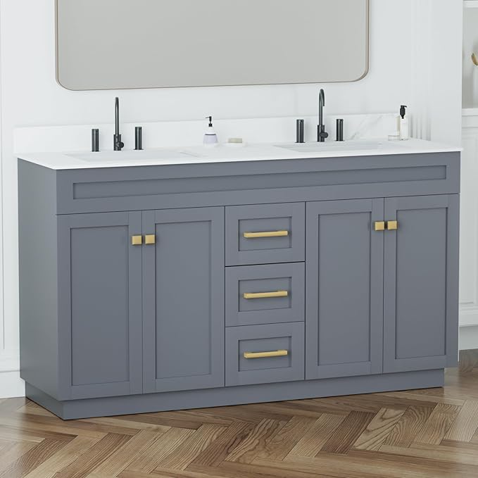 60 Inch Bathroom Vanity with Sink in Grey Painted Surface,Quartz Top with Undermount Ceramic Sink, Solid Wood Storage Cabinet,2 Soft Closing Doors, 6 Full Extension Drawers