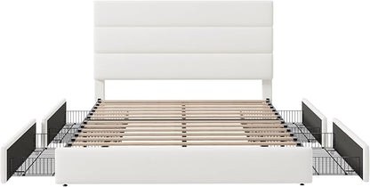 Allewie Modern Full Size Platform Bed Frame with 4 Storage Drawers and Velvet Upholstered Headboard, Wooden Slats Support, Upholstered Mattress Foundation/No Box Spring Needed/Easy Assembly, White