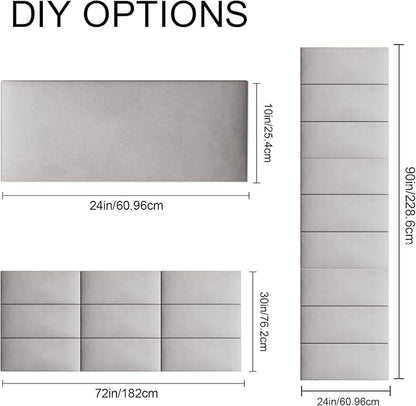 Upholstered Wall Mounted Headboard, 3D Soundproof Panels Peel and Stick for King Size, Adjustable Bed, Tufted, Light Grey (12 Panels, 10" x 24")
