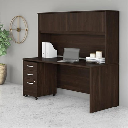 Pemberly Row Engineered Wood 72W x 30D Desk w/Hutch & Drawers in Black Walnut
