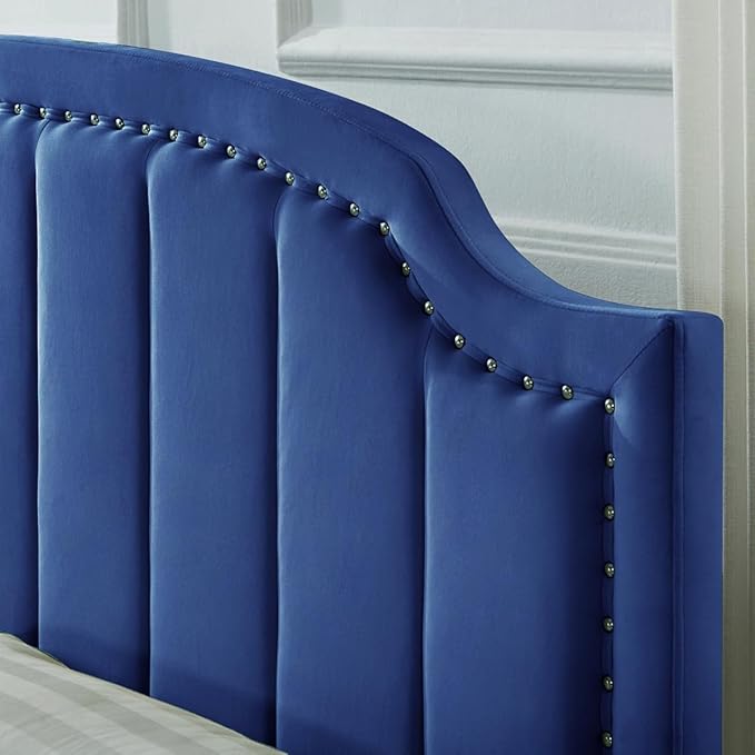 24KF Upholstered Channel Pattern Queen Headboard with Silver Nailhead Trim, Comfy Velvet Headboard Queen/Full, 6052-Q-Navy