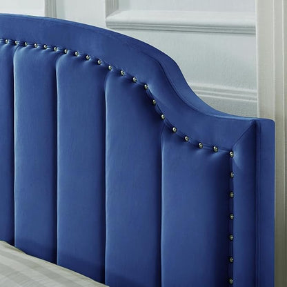 24KF Upholstered Channel Pattern Queen Headboard with Silver Nailhead Trim, Comfy Velvet Headboard Queen/Full, 6052-Q-Navy