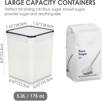 Vtopmart 4 PCS Large Food Storage Containers 5.2L / 175oz, 4 Pieces BPA Free Plastic Airtight Canisters for Flour, Sugar, Baking Supplies, Rice with Lids, 4 Measuring Cups and 24 Labels, Black