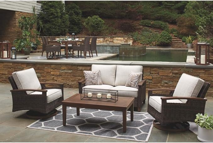 Signature Design by Ashley Paradise Trail Outdoor Loveseat with All Weather Cushions, Nuvella Weather Resistant Fabric, Medium Brown