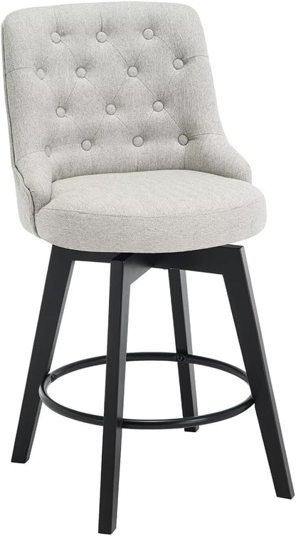 MINCETA Set of 4 Upholstered Bar Stools - 26 Inch Swivel Counter Height Stools with Low Tufted Back, Footrest & Performance Fabric - Round Seat for Kitchen Island & Home Bar Gray and Beige
