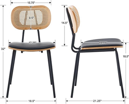 Mid-Century Modern Rattan Cane Back Dining Chairs Set of 6 — PU Leather Upholstered Seat, Black Metal Legs, Kitchen Side Chairs for Kitchen & Dining Room, Black