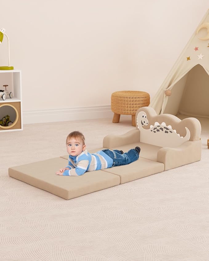 YACODAVO 2-in-1 Kids Couch Fold Out, Convertible Toddler Couch to Lounger, Toddler Chair Comfy, Kids Sofa for Girls and Boys, Gift for Birthday, Children's Day, Dinosaur Beige