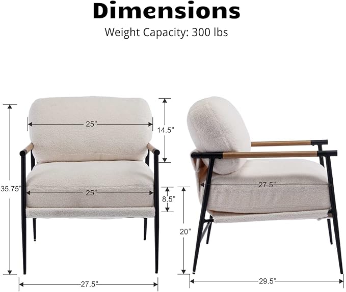 HEAH-YO Modern Accent Chairs Set of 2, Upholstered Lambwool Living Room Chairs with Backrests, Comfy Reading Armchairs for Bedroom, White