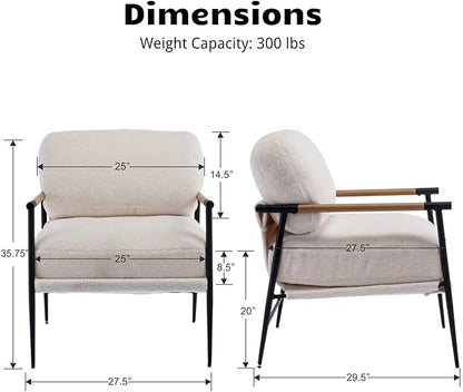 HEAH-YO Modern Accent Chairs Set of 2, Upholstered Lambwool Living Room Chairs with Backrests, Comfy Reading Armchairs for Bedroom, White