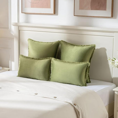 FUTEI Sage Green Velvet Decorative Throw Pillow Covers 26x26 Set of 2,Soft Cozy Edge with Tassels Euro Pillow Shams,Boho Modern Home Decor for Couch Bed Living Room