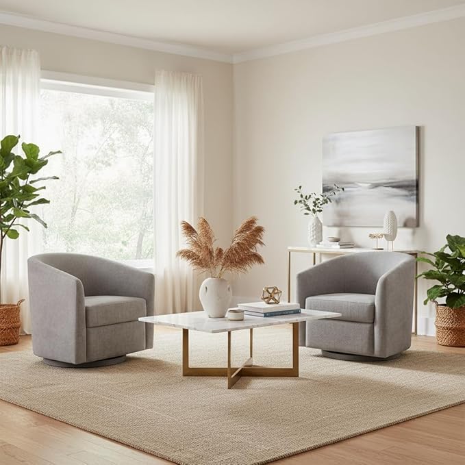 Chenille Swivel Accent Chairs Set of 2, No Assembly Upholstered Armchair, 360°Rotating Barrel Chairs for Living Room, Bedroom, Apartment & Reading Nook (2, Light Grey)