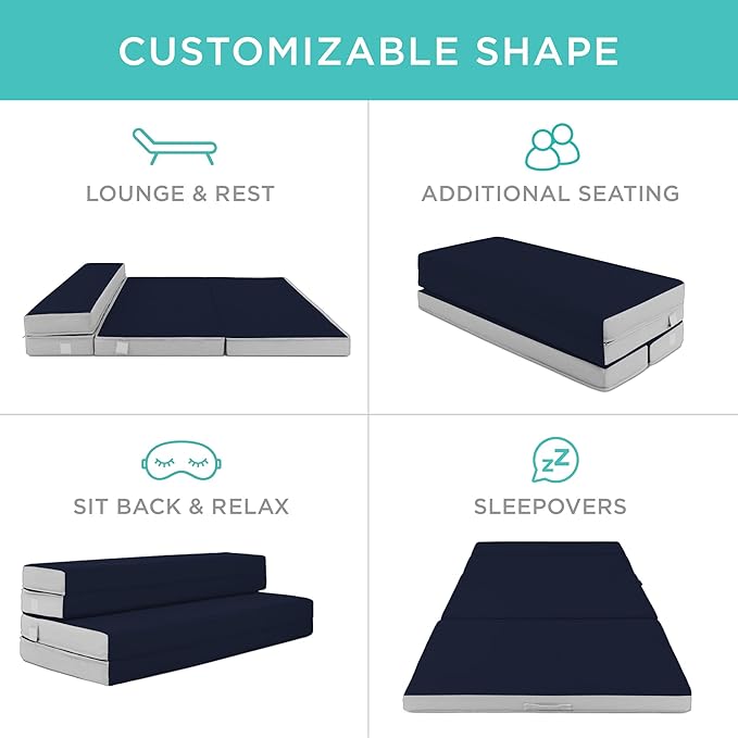 Best Choice Products 4in Portable Queen-Size Mattress, Tri-Fold Mattress for Camping, Guest, Toddler, Foam Plush w/Carry Case - Midnight Blue