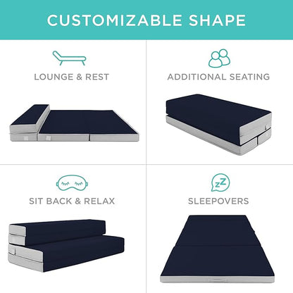 Best Choice Products 4in Portable Queen-Size Mattress, Tri-Fold Mattress for Camping, Guest, Toddler, Foam Plush w/Carry Case - Midnight Blue