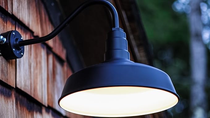 Steel Lighting Co. Gardena Barn Light | Outdoor Wall Mounted | 16" Dome | 23" Gooseneck | Farmhouse Light Made in America | Matte Black Exterior/White Interior