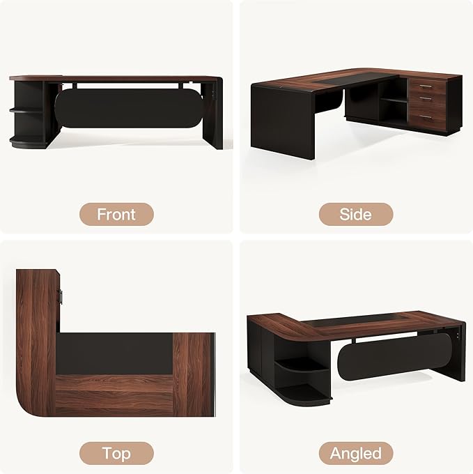 Tribesigns 81'' L-Shaped Executive Desk, Large Modern Office Desk with Drawers and File Cabinet for Home or Business Workspace, Computer Desk with Storage Shelves, Walnut & Black
