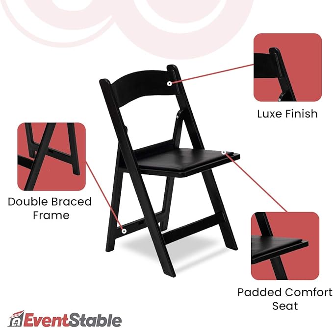 EventStable Titan PRO Resin Folding Chair - Black Indoor/Outdoor Lightweight Foldable Chair - Vinyl Padded Folding Chair for Weddings Parties Events - 4 Pack