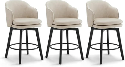 Counter Height Barstools 26 inch Upholstered Swivel Bar Stools with Back and Wood Legs for Kitchen Island,Set of 3,Beige PU Leather
