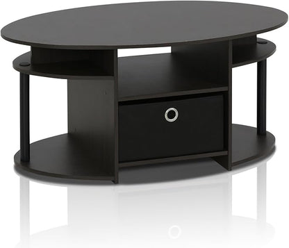 Furinno Jaya Simple Design Oval Coffee Table with Bin for Living Room, Walnut
