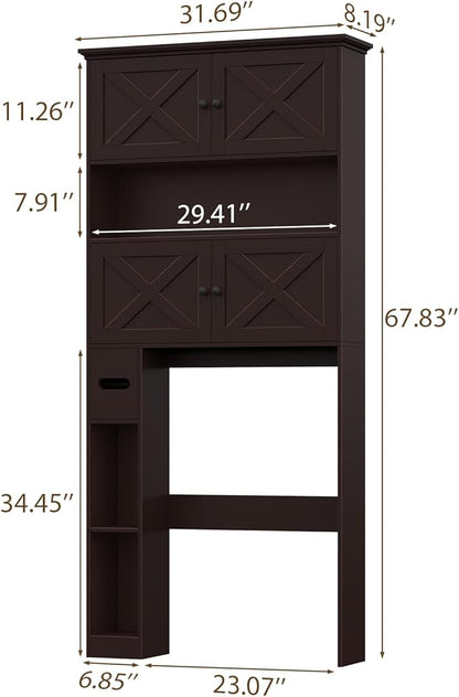 Over The Toilet Storage Cabinet, Farmhouse Storage Cabinet Over Toilet with 4 Barn Doors & Toilet Paper Holder Stand, Espresso Toilet Shelf Home Space Saver for Restroom, Bathroom, Laundry