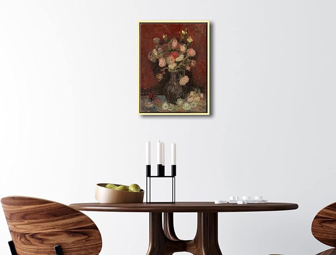 Wieco Art Framed Canvas Wall Art Vase with Chinese Asters and Gladioli by Van Gogh Oil Paintings Modern Abstract HD Canvas Prints Flowers Artwork Pictures for Living Room Wall Decor