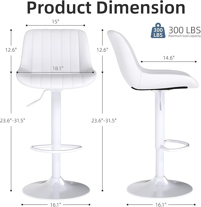 Youhauchair Bar Stools Set of 4, Swivel Counter Height Barstools with Back, Adjustable PU Leather Bar Chairs, Modern Armless Kitchen Island Stool, White