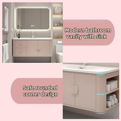 44IN Pink Modern Bathroom Vanity - Bathroom Vanities Set with 2 Drawers Wall Mounted | Rounded Corner Smart Defogging Mirror Cabinet with Lighting & Time Display, Side Opening Storage Shelf (Style A)