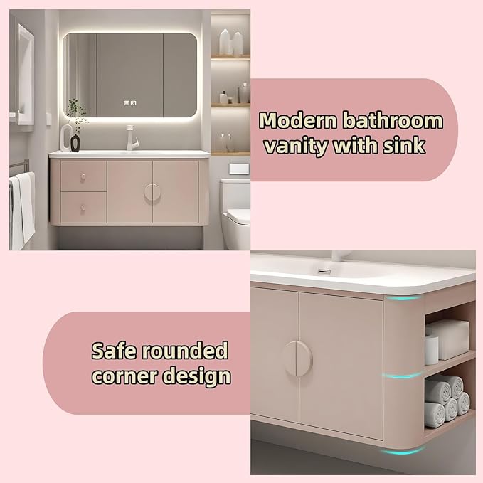 68IN Pink Modern Bathroom Vanity - Bathroom Vanities Set with 2 Drawers Wall Mounted | Rounded Corner Smart Defogging Mirror Cabinet with Lighting & Time Display, Side Opening Storage Shelf (Style A)