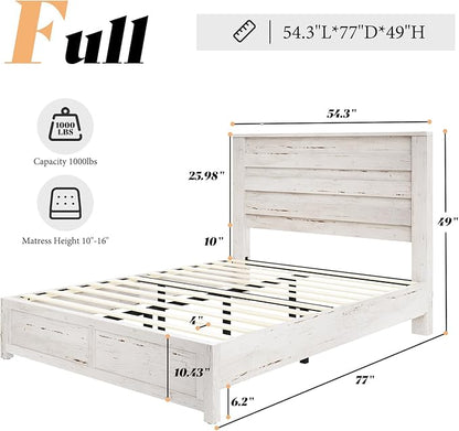 AMERLIFE Farmhouse Full Size Bed Frame with 49" Fluted Headboard, Platform Bed with Natural Wood Grain, No Box Spring Needed/Noise Free, Distressed White