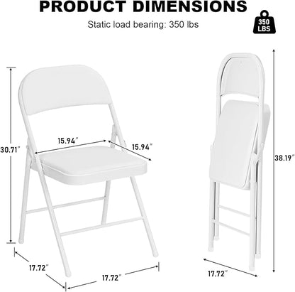 4 Pack White Folding Chairs with Padded Cushion for Outside, Portable Stackable Commercial Metal Foldable Chairs with Steel Frame for Home Events Office Wedding Party, 350lbs Capacity