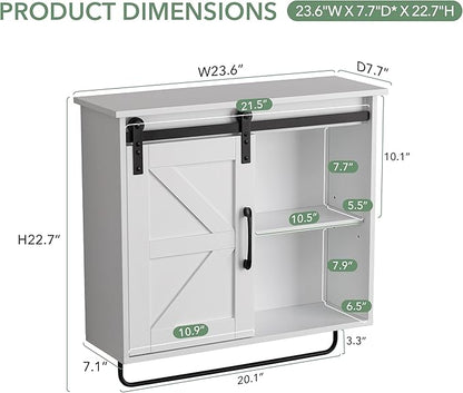 Bathroom Wall Cabinet Over Toilet Sliding Door 23x19 Inch Farmhouse Medicine Cabinet with Towel Bar Motion Sensor Light Adjustable Shelves White Above Toilet Storage for Laundry or Kitchen