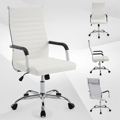 Office Chair, Ergonomic Executive Conference Room Chairs, Ribbed Leather Desk Chair with Lumbar Support, Adjustable Height Mid-Back Swivel Chair (Square Tube Armrests, White)