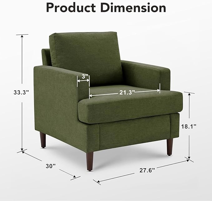 Mid-Century Accent Chair,Modern Linen Fabric Armchair for Living Room,Comfy Upholstered Reading Accent Chairs for Bedroom,Single Sofa Chair with Wood Legs (Green, 1 Pack)