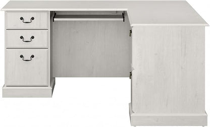 Bush Furniture Saratoga L Shaped Computer Desk with Drawers and Storage in Linen White Oak | Large Corner Office Table for Workspace