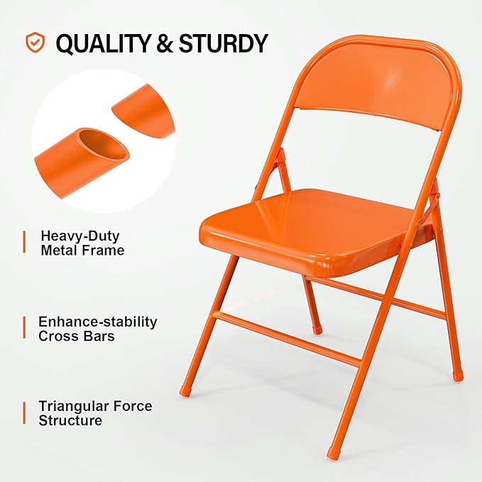 VINGLI Folding Chairs All Steel Metal Frame, Capacity 350 lbs, Durable Portable and Versatile for Indoor Outdoor Use, Orange, Set of 4