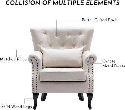Accent Reading Arm Chairs Set of 2 for Living Room Bedroom, Midcentury Modern Comfy Corner Sofa Chair, Wingback Waiting Room Club Chair with Button Tufted Back &Lumbar Pillow, Linen Beige