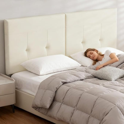 King Headboard Only with Adjustable Metal Legs, Faux Leather Upholstered Headboard King Size, Modern Stylish Headboard with Sunken Dot Design, Sturdy Bed Headboard for Bedroom, Ivory