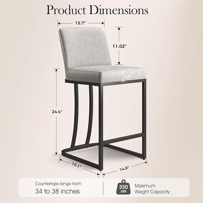 Sophia & William Counter Stool Set of 2, 24" Bar Stools with Back, Faux Leather Upholstered, 330lbs, Light Grey