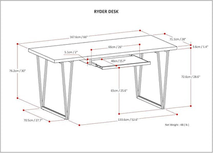 SIMPLIHOME Ryder SOLID WOOD Modern Industrial 66 inch Wide Writing Office Desk in Natural Aged Brown for the Office Desk, Writing Table, Workstation and Study Table