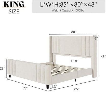 AMERLIFE King Size Bed Frame, Velvet Upholstered Platform Bed with Vertical Channel Tufted Headboard & Footboard/Wingback, Mattress Foundation with Wood Slats, No Box Spring Needed, Cream
