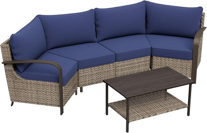 COOS BAY Aurora Terrace Half-Moon Outdoor Furniture Set, Rattan Conversation Set with Curved 4-Seat Sofa, Coffee Table, Seats 4, Beige/Blue