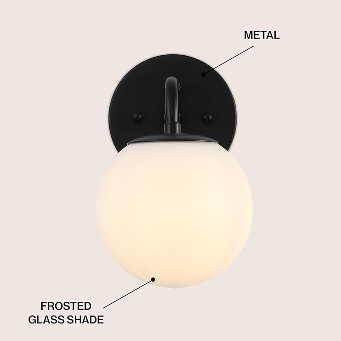 JONATHAN Y JYL3534B Louis Parisian Globe 5.75" 1-Light Metal/Frosted Glass Modern Contemporary LED Vanity Light Midcentury, Glam, Transitional, Bathroom, Powder Room, Dressing Room, Bedroom, Black