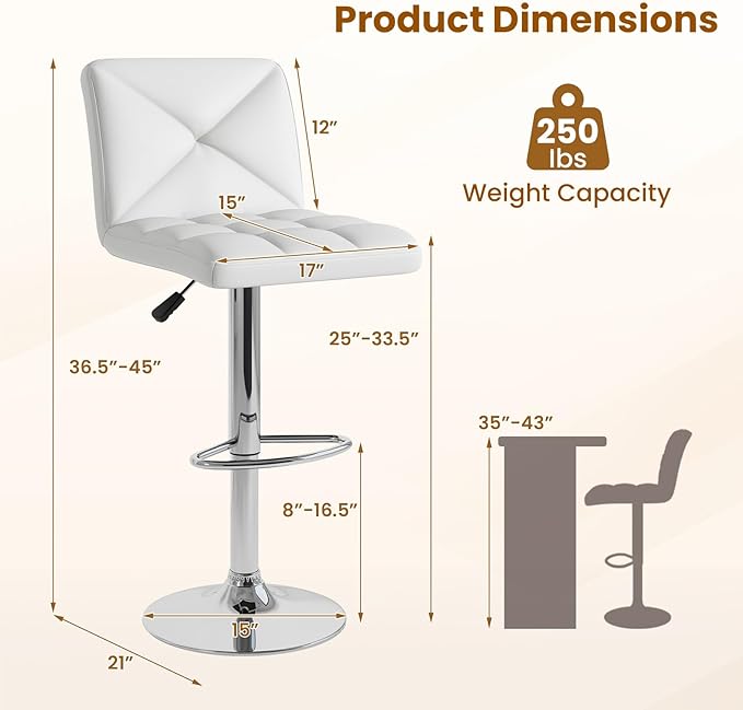 COSTWAY Bar Stools Set of 2, Modern PU Leather Swivel Bar Chairs, Height Adjustable Upholstered Barstools with Premium Gas Rod, Sturdy Footrest, Round Base, for Kitchen, Dining Room, Office,White