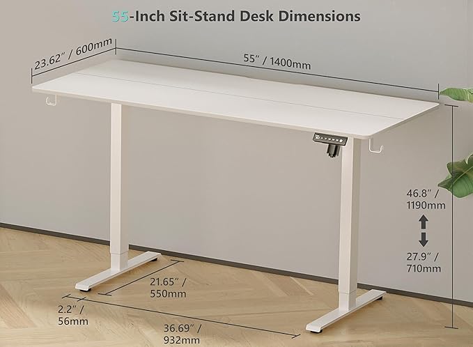 55 x 24 inch Electric Standing Desk Adjustable Height with 4 Wheels, 4 Memory Height Settings, 2 Headphone Hook, for Home Office, Splice Board White