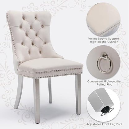 Velvet Upholstered Dining Chairs Set of 6, Modern Style Kitchen Side Chairs with Nailhead Trim and Silver Plated Leg, Metal Pulling Ring for Dining Room Living Room