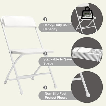 Folding Chairs10 Pack,Heavy Duty White Plastic Stackable Event Chairs for Indoor Outdoor, 350lb Capacity Portable Commercial Banquet Chairs for Wedding,Party,Office