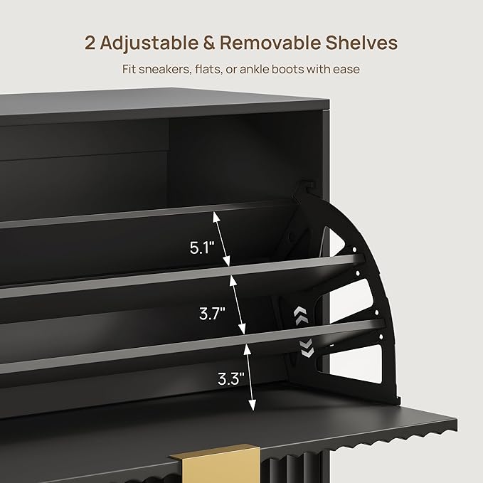 SICOTAS Fluted Shoe Cabinet Storage for Entryway with 2 Flip Drawers-11.8" Deep Freestanding Shoe Organizer Cabinet with 6-Tier Shelves, Large 20 Pairs Shoes Rack Cabinet for Foyer Hallway, Black