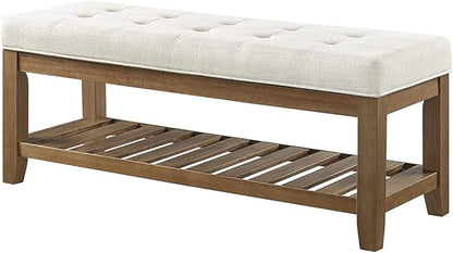 24KF Large Rectangular Upholstered Tufted Linen Ottoman Bench, Padded Bench with Solid Wood Shelf-Ivory