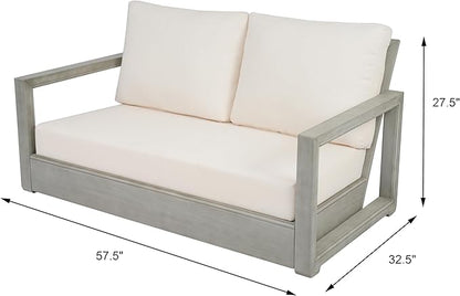 Christopher Knight Home Rammus 2 Pieces Outdoor Conversation Set, Acacia Wood Chat Set, Rectangular Coffee Table and Patio Loveseat Sofa, Slat Design Patio Furniture Set for Garden, Beige + Light Grey