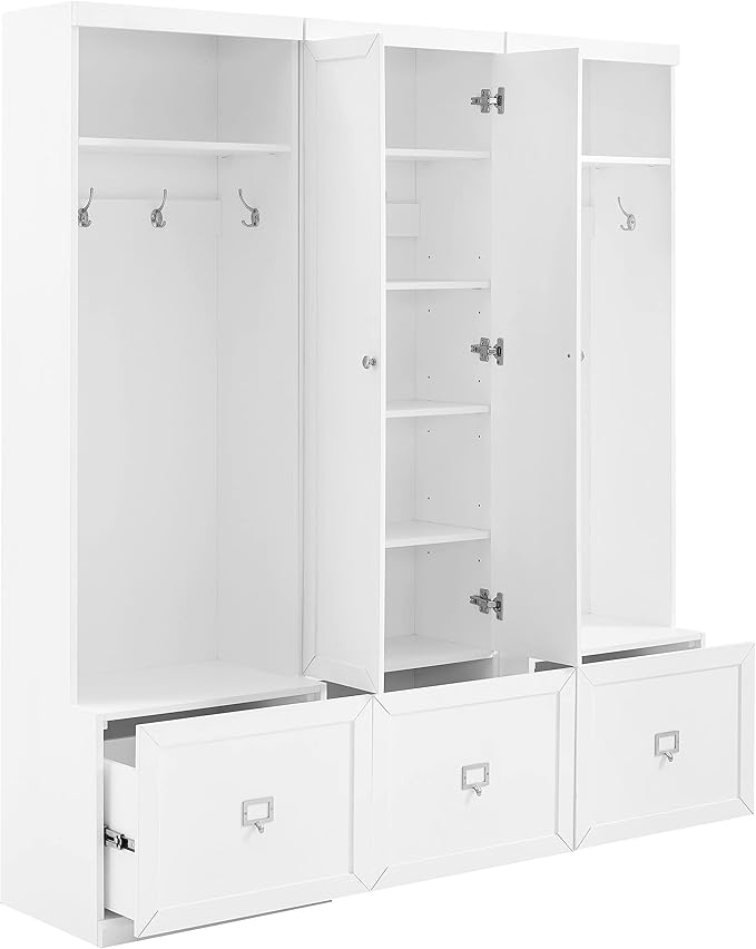 Crosley Furniture Harper 3-Piece Hall Tree and Storage Cabinet Set with Entryway Bench and Hooks for Hanging, White