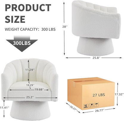 Swivel Accent Chair,Upholstered Teddy 360° Swivel Barrel Chair for Living Room Overstuffed Bouncle Reading Chair Round Armchair for Bedroom,Vanity,Office-White